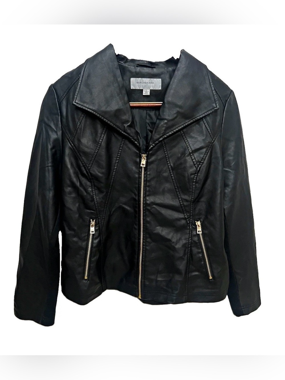 Marc New York Faux Leather Moto Jacket Womens L Black Gold Hardware Mixed Media